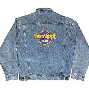 Vintage 90s Hard Rock Cafe Hotel Large Embroidered Las Vegas Denim Jacket MEDIUM